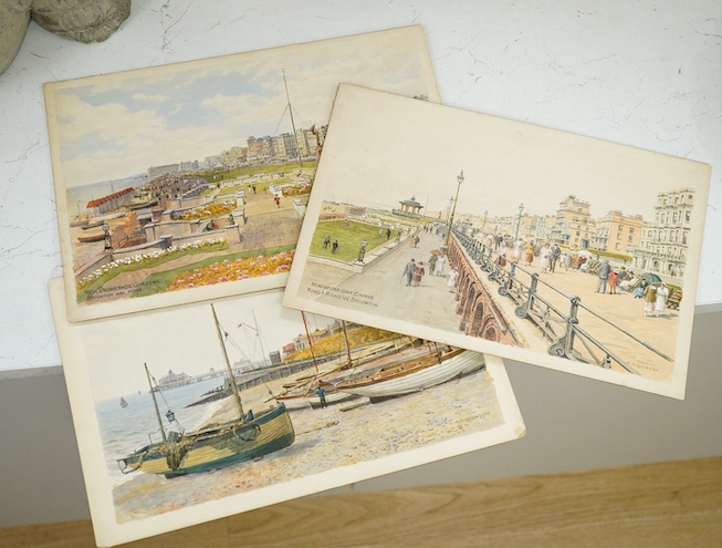 Alfred Robert Quinton (1853-1934), three original watercolours for postcard designs, to include 'Miniature golf course, Kings Road, Brighton’ and ‘New Promenade Gardens, Brighton and Hove’, each signed, 19 x 30cm, unfram